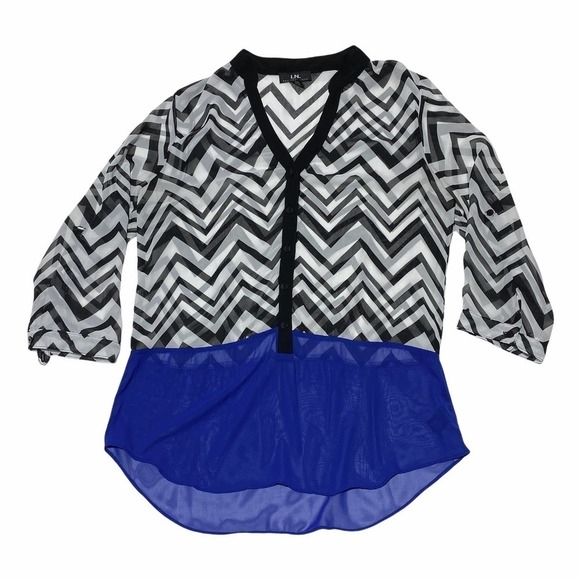 I.n. San Francisco Black & White Chevron Royal Blue Half-Button V-Neck Blouse - Picture 5 of 12